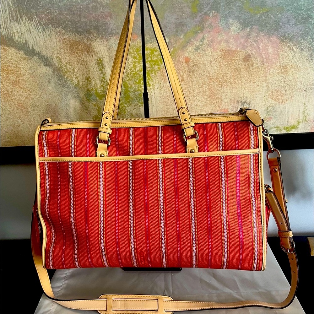 Coach Large Orange Pink White Striped Vinyl and Leather Travel or Diaper Bag - Picture 2 of 10